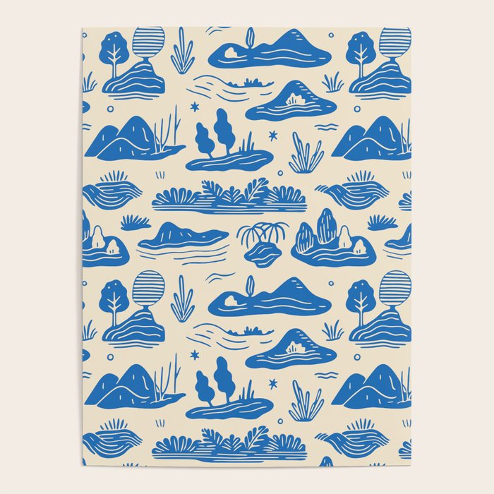 Abstract blue nature landscape doodle pattern Poster Gallery Image 4