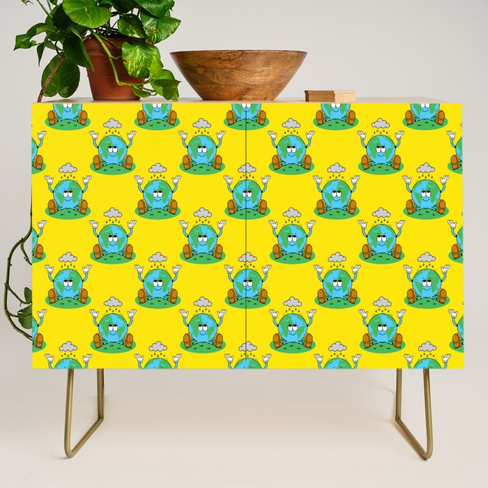 Retro earth planet cartoon character pattern Credenza Gallery Image 1