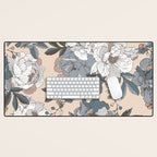 pattern lush blue, beige and white peonies Desk Mat Gallery Image 1