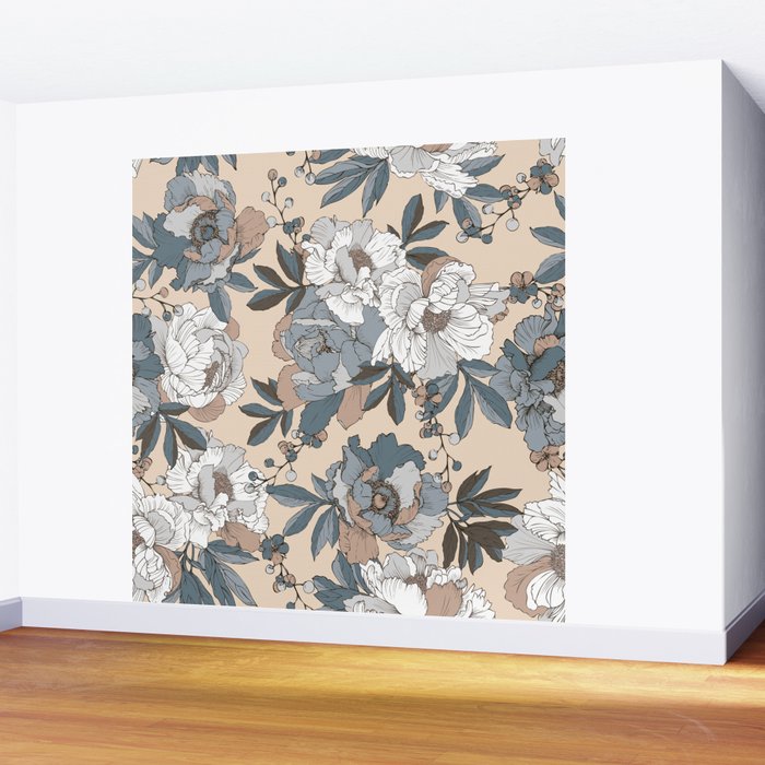 pattern lush blue, beige and white peonies Wall Mural Gallery Image 2
