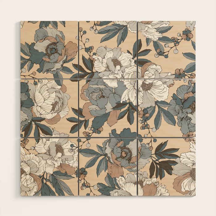 pattern lush blue, beige and white peonies Wood Wall Art Gallery Image 1