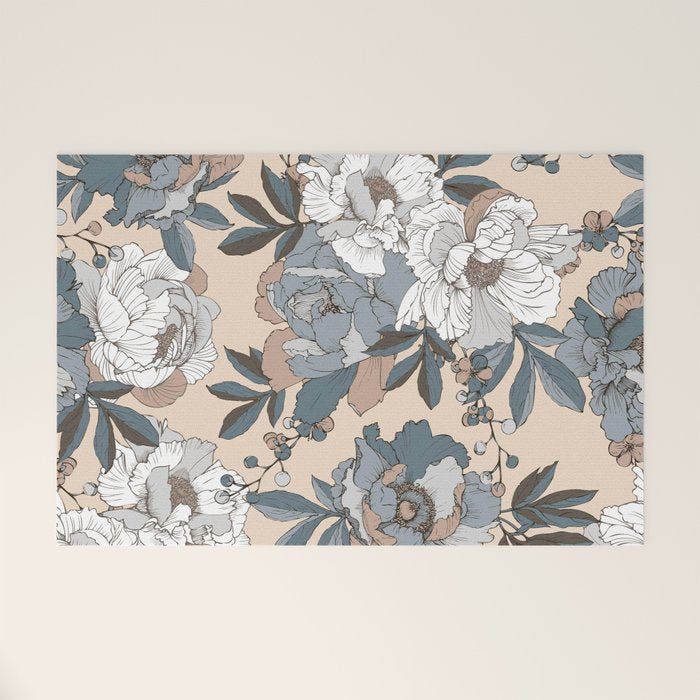 pattern lush blue, beige and white peonies Welcome Mat Gallery Image 1