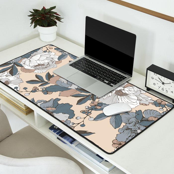 pattern lush blue, beige and white peonies Desk Mat Gallery Image 2
