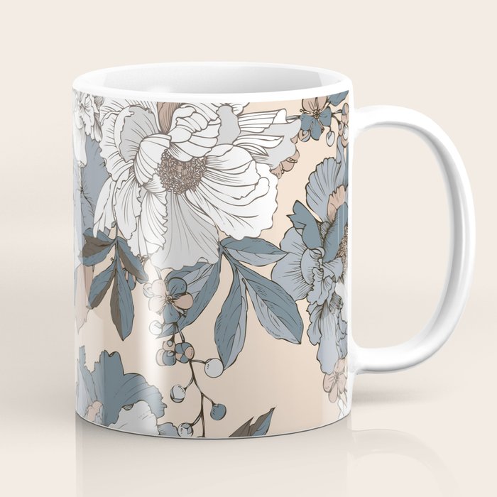 pattern lush blue, beige and white peonies Coffee Mug Gallery Image 1