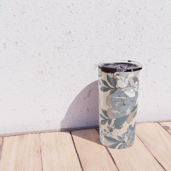 pattern lush blue, beige and white peonies Travel Mug Gallery Image 4