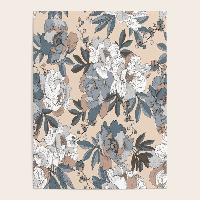 pattern lush blue, beige and white peonies Poster Gallery Image 4