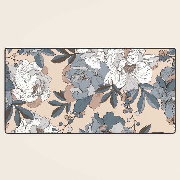 pattern lush blue, beige and white peonies Desk Mat Gallery Image 3