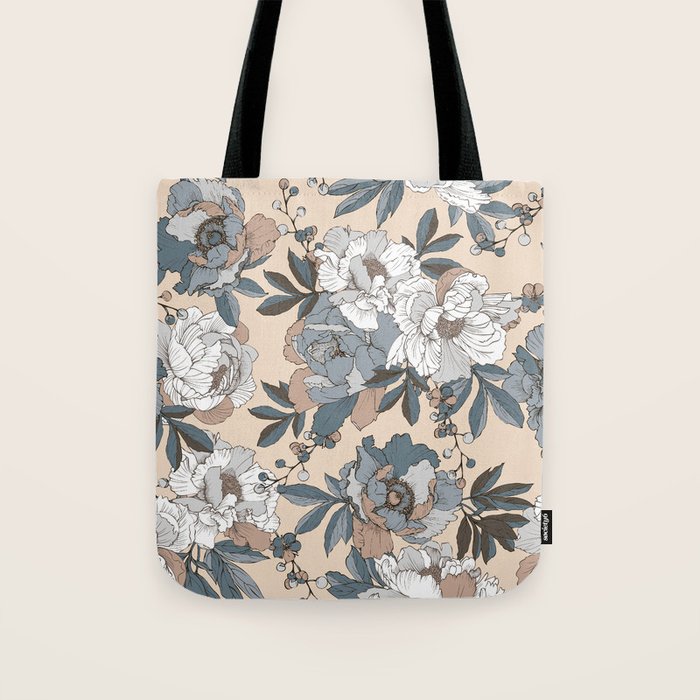 pattern lush blue, beige and white peonies Tote Bag Gallery Image 1