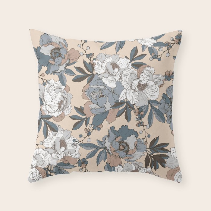 pattern lush blue, beige and white peonies Throw Pillow Gallery Image 6