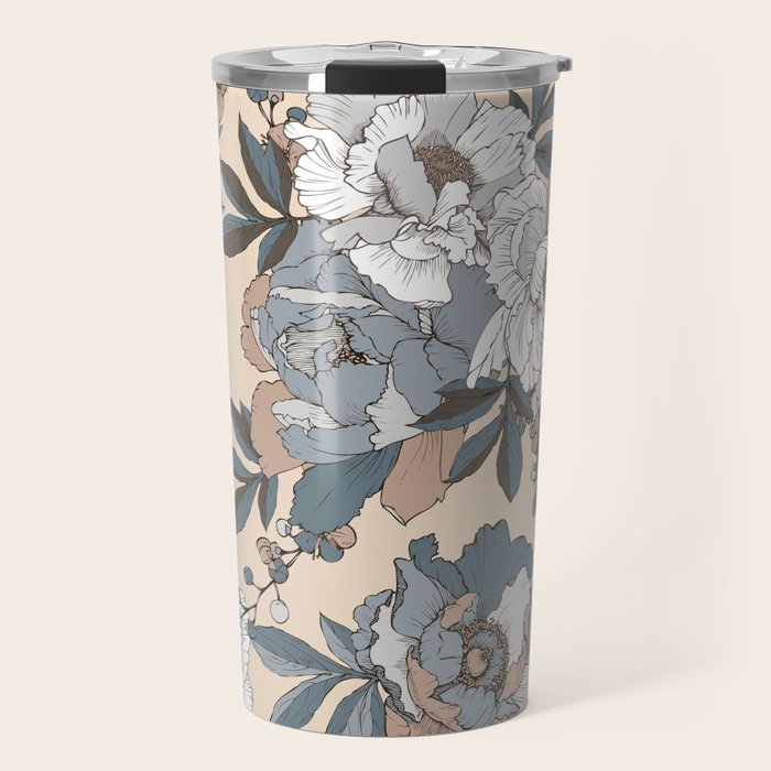 pattern lush blue, beige and white peonies Travel Mug Gallery Image 1