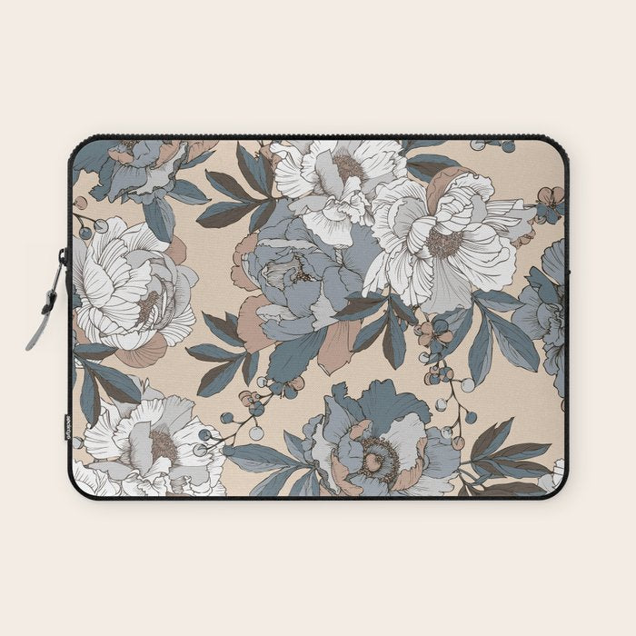 pattern lush blue, beige and white peonies Laptop Sleeve Gallery Image 1