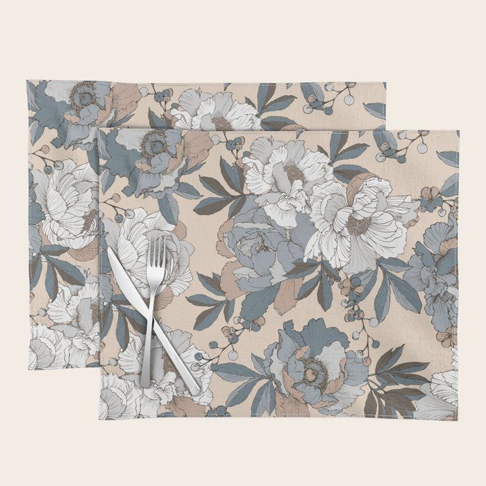 pattern lush blue, beige and white peonies Placemat Gallery Image 1