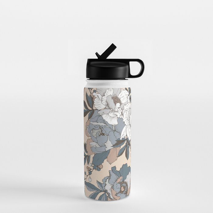 pattern lush blue, beige and white peonies Water Bottle Gallery Image 1