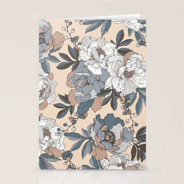 pattern lush blue, beige and white peonies Stationery Card Gallery Image 1