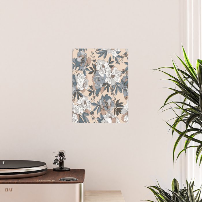 pattern lush blue, beige and white peonies Poster Gallery Image 2
