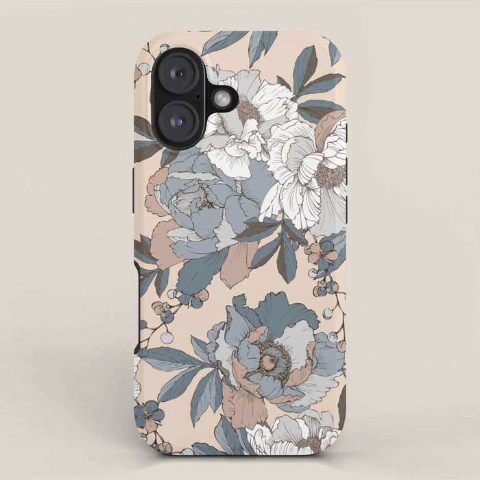 pattern lush blue, beige and white peonies iPhone Case Gallery Image 1