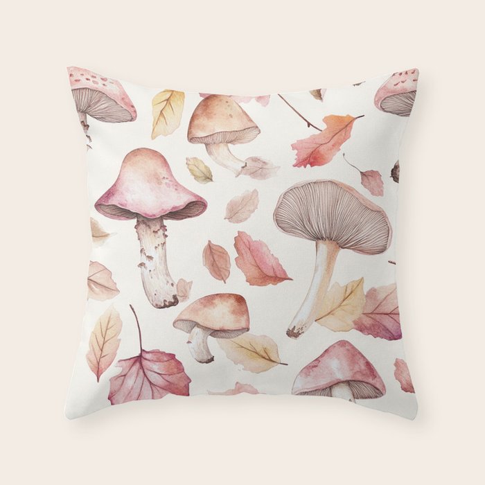 Fall Autumn Leaves and Mushroom Watercolor All Over Throw Pillow Gallery Image 6