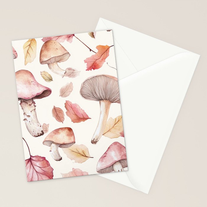 Fall Autumn Leaves and Mushroom Watercolor All Over Stationery Card Gallery Image 2