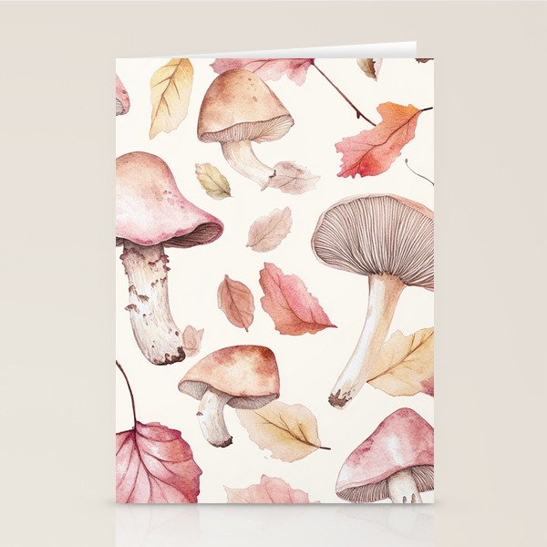Fall Autumn Leaves and Mushroom Watercolor All Over Stationery Card Gallery Image 1