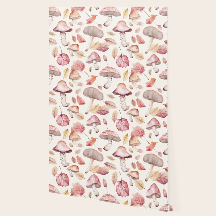 Fall Autumn Leaves and Mushroom Watercolor All Over Wallpaper Gallery Image 2