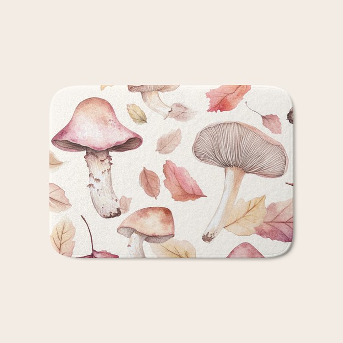 Fall Autumn Leaves and Mushroom Watercolor All Over Bath Mat Gallery Image 1