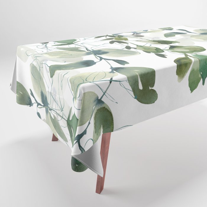 Festive, Watercolor, Leaves Print, White and Green Tablecloth Gallery Image 1