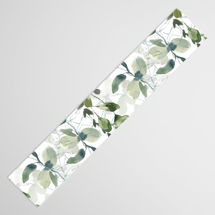 Festive, Watercolor, Leaves Print, White and Green Table Runner Gallery Image 3