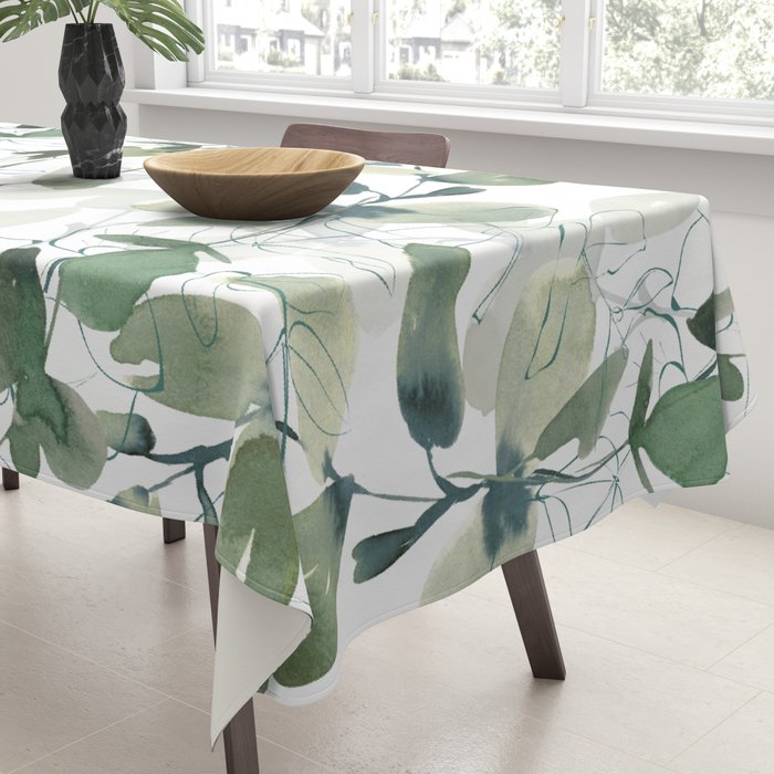 Festive, Watercolor, Leaves Print, White and Green Tablecloth Gallery Image 3
