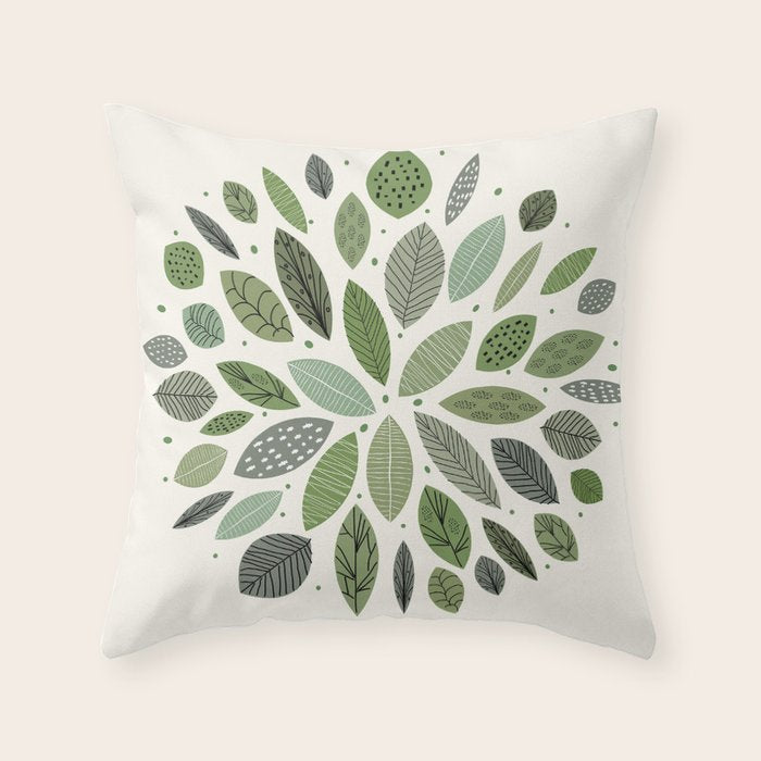 Mid-Century Green Leaves Throw Pillow