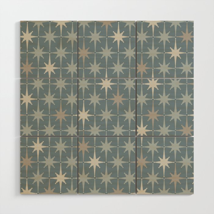 Midcentury Modern Atomic Starburst Pattern in Light Neutral Blue Gray Tones Wood Wall Art Gallery Image 1