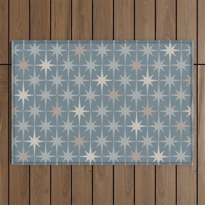 Midcentury Modern Atomic Starburst Pattern in Light Neutral Blue Gray Tones Outdoor Rug Gallery Image 1