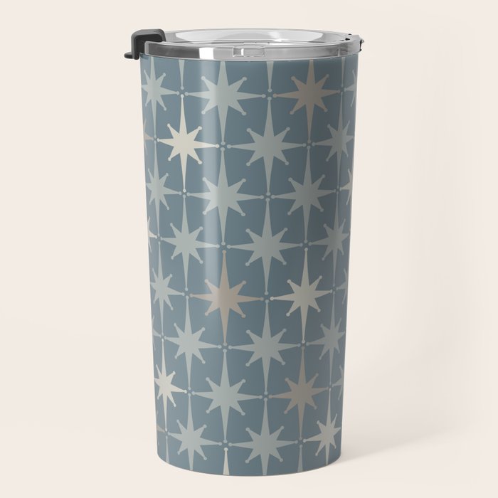 Midcentury Modern Atomic Starburst Pattern in Light Neutral Blue Gray Tones Travel Mug Gallery Image 3