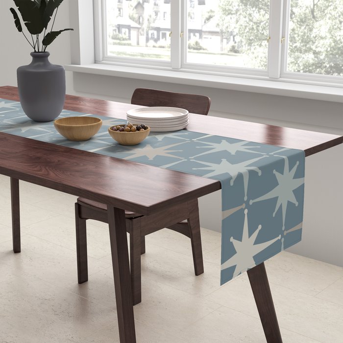 Midcentury Modern Atomic Starburst Pattern in Light Neutral Blue Gray Tones Table Runner Gallery Image 2