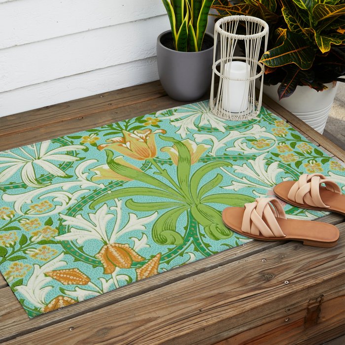 William Morris Woodland Weeds Orange Turquoise Outdoor Rug Gallery Image 2