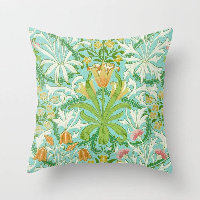 William Morris Woodland Weeds Orange Turquoise Throw Pillow Gallery Image 1