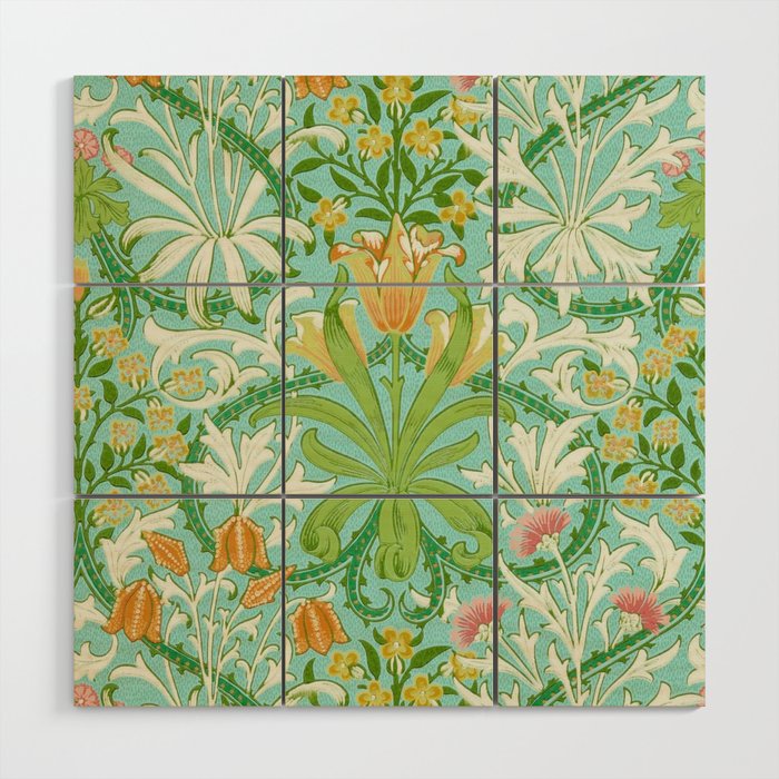 William Morris Woodland Weeds Orange Turquoise Wood Wall Art Gallery Image 1