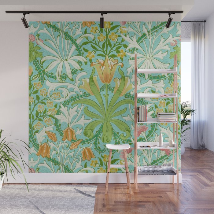 William Morris Woodland Weeds Orange Turquoise Wall Mural Gallery Image 1