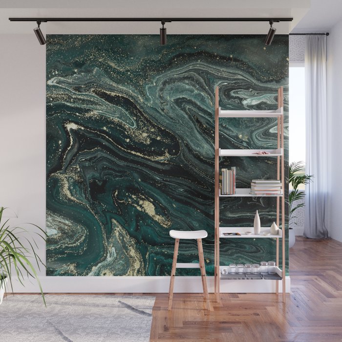 Abstract Pour Painting Liquid Marble Abstract Dark Green Painting Gold Accent Agate Stone Layers Wall Mural Gallery Image 1