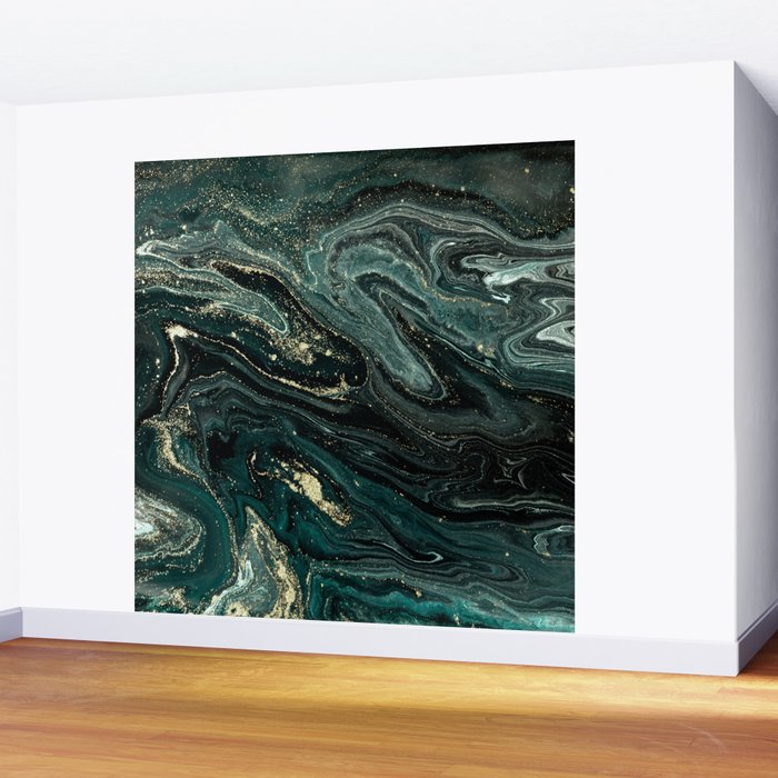 Abstract Pour Painting Liquid Marble Abstract Dark Green Painting Gold Accent Agate Stone Layers Wall Mural Gallery Image 2