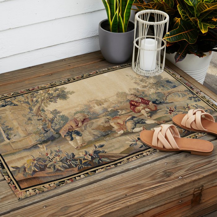 Aubusson  Antique French Tapestry Print Outdoor Rug Gallery Image 2