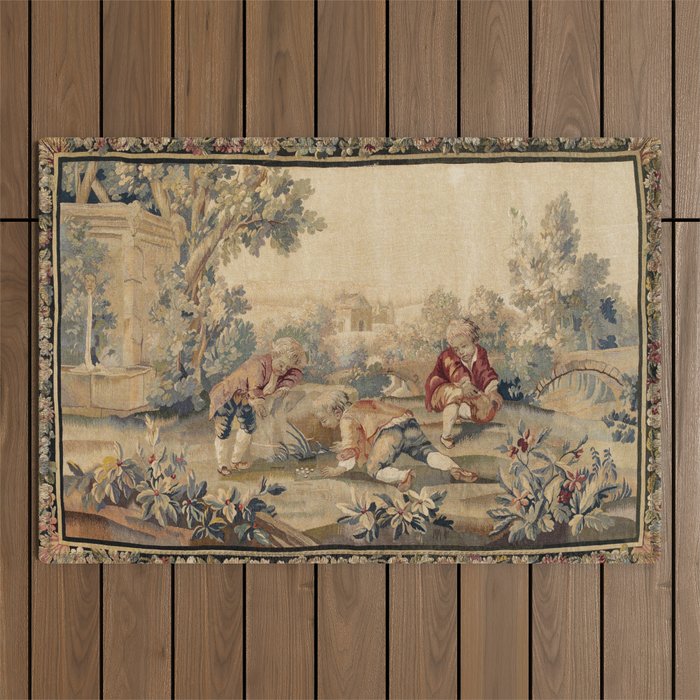Aubusson  Antique French Tapestry Print Outdoor Rug Gallery Image 1