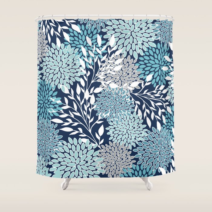 Garden Florals, Navy, Blue, Teal Shower Curtain Gallery Image 1