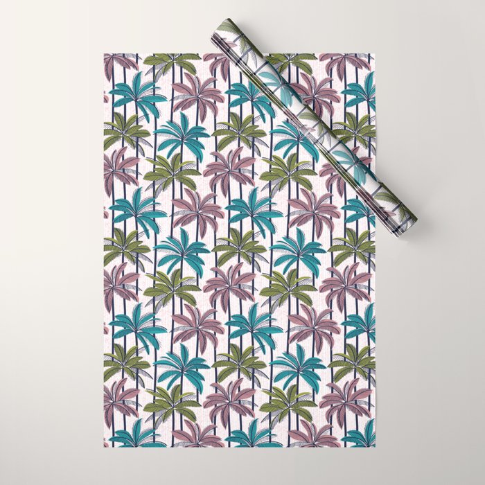 Retro Palm Springs vibes // white background highball green peacock blue and dry rose palm trees oxford navy blue lines Wrapping Paper Gallery Image 1