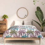 Retro Palm Springs vibes // white background highball green peacock blue and dry rose palm trees oxford navy blue lines Comforter Gallery Image 3