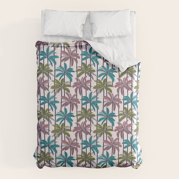 Retro Palm Springs vibes // white background highball green peacock blue and dry rose palm trees oxford navy blue lines Duvet Cover Gallery Image 6