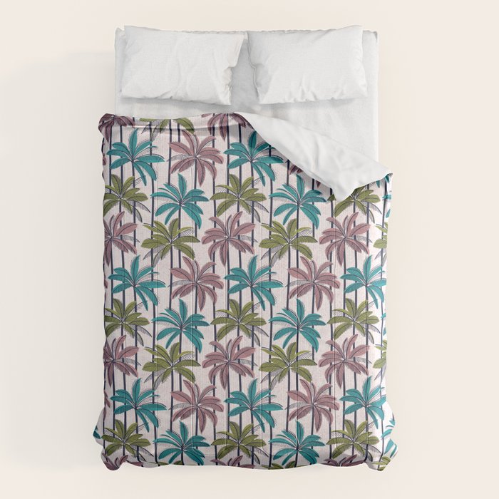 Retro Palm Springs vibes // white background highball green peacock blue and dry rose palm trees oxford navy blue lines Comforter Gallery Image 6