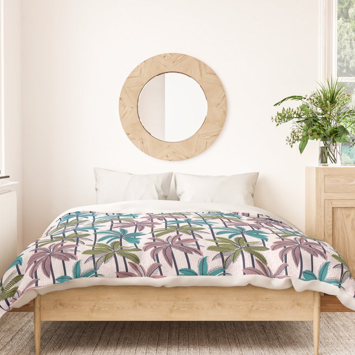Retro Palm Springs vibes // white background highball green peacock blue and dry rose palm trees oxford navy blue lines Duvet Cover Gallery Image 3