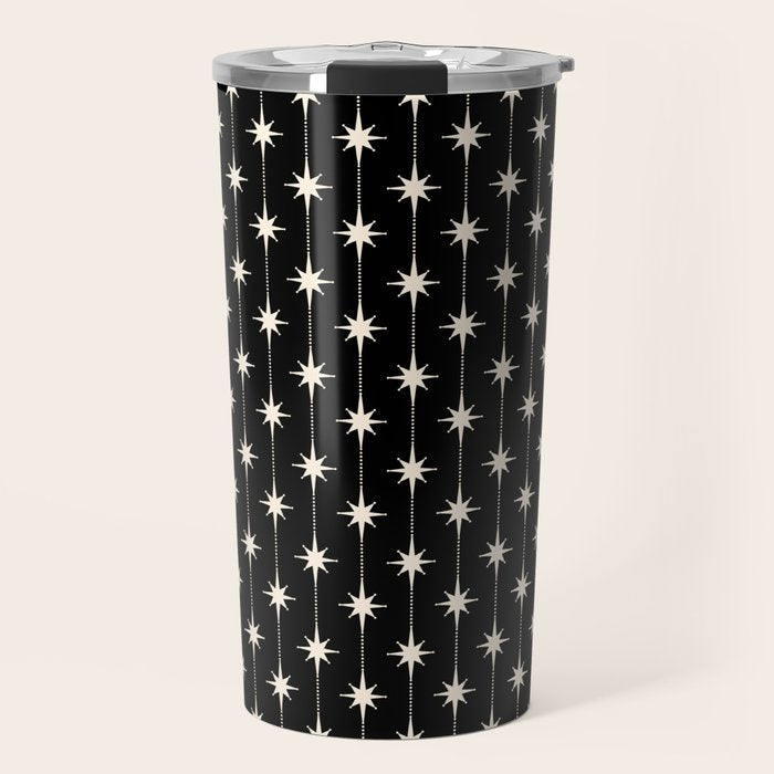 Mid Century Modern Atomic Stars and Dots Pattern in Black and Almond Cream Travel Mug Gallery Image 1