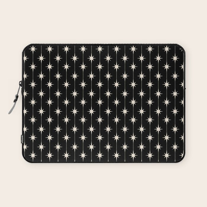 Mid Century Modern Atomic Stars and Dots Pattern in Black and Almond Cream Laptop Sleeve Gallery Image 1
