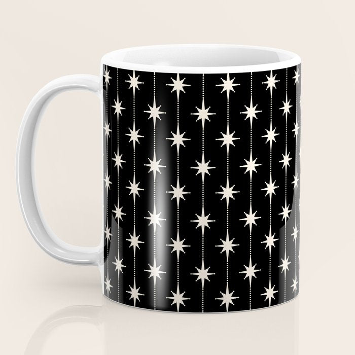 Mid Century Modern Atomic Stars and Dots Pattern in Black and Almond Cream Coffee Mug Gallery Image 3